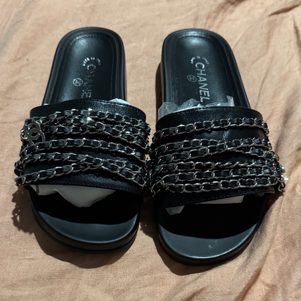 CHANEL Black Slide Sandals with Chain Detail